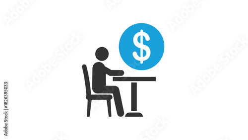 Financial Meeting or Consultation Icon. Vector illustration of a person sitting at a desk with a large dollar currency sign symbol.