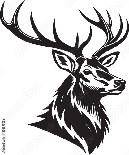 Majestic minimalist stag head silhouette in bold black and white, centered profile design with sharp antlers, clean lines, elegant emblem style