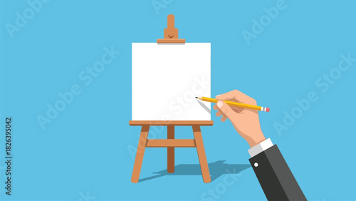 Hand Holding Pencil Ready to Draw on Blank White Canvas on Easel