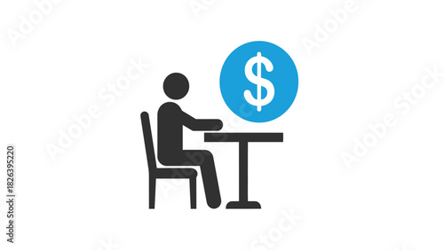 Financial Consultation or Business Meeting Icon. Person Sitting at a Table with a Dollar Currency Sign Symbol. Vector Illustration.