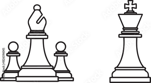 Chess pieces bishop and king with pawns outline vector