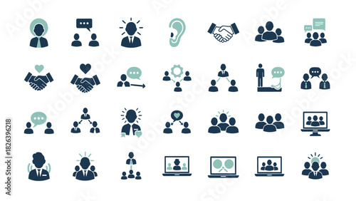 Business Communication and Networking Vector Icon Set. Collection of Icons for Teamwork, Partnership, Collaboration, Leadership, and Idea Sharing