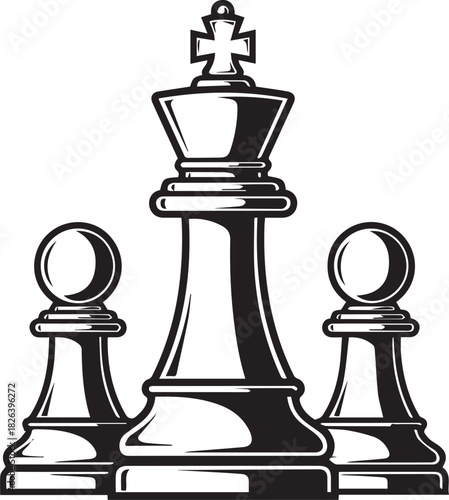 Chess king with two pawns black and white illustration