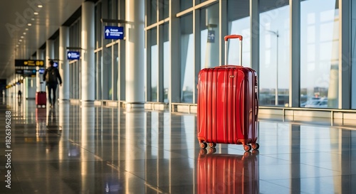 A bright red rolling suitcase sits alone on the polished floor of a modern airport terminal with large windows and a blurred traveler in the background