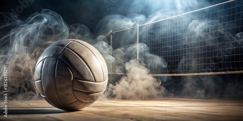 Smoky Arena A Worn Volleyball Rests Near the Net, Ready for an Intense Game