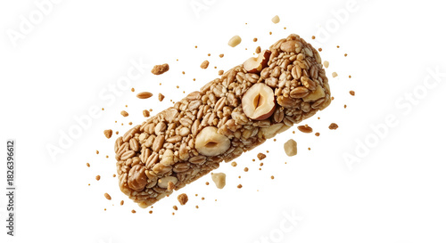 Healthy granola bar with nuts and seeds isolated on white background, nutritious snack for energy and dieting