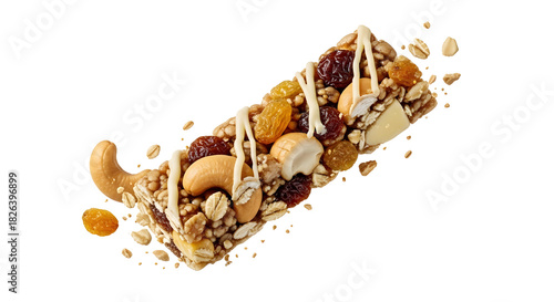 Nut and dried fruit energy bar with cashews, raisins, sunflower seeds and sesame seeds on white background, healthy snack option