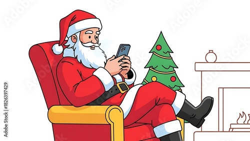 Santa claus relaxing in armchair using smartphone with christmas tree and fireplace behind him