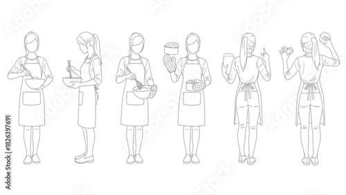 Line Art Vector Illustration Set of Woman in Apron Preparing Food and Baking, Showing Various Cooking Poses (Front and Back View)