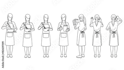 Woman Cooking and Baking Vector Line Art Set. Female Chef in Apron Mixing Ingredients and Posing, Kitchen Activity Outline Illustration Collection