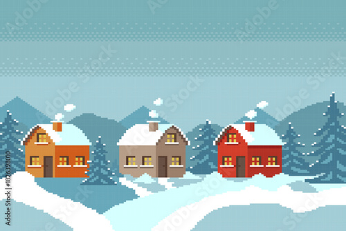 Village in winter with pine and snow on mountain background.