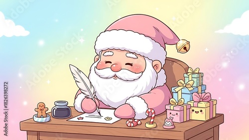 Cartoon santa in pink writing at a desk with gifts and treats on a pastel colored background scene
