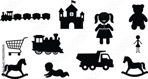Collection of children toy silhouettes featuring trains, dolls, rocking horses, baby crawling, castle, teddy bear and truck icons for playful design