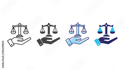 Hand Holding Scales of Justice Icon Set. Legal Services, Fairness, Balance, and Business Ethics Vector Illustration