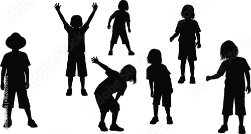 Energetic group of playful children silhouettes standing, jumping, and posing together, expressing fun movement, joy, activity, and childhood creativity in dynamic shapes.