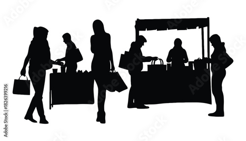 Silhouette shopping at outdoor market fair vendor illustration