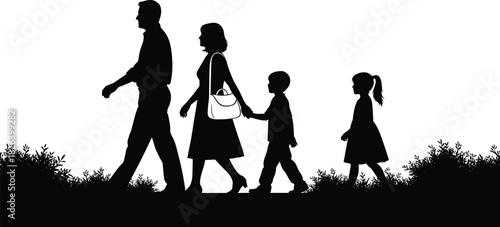 Family walking together in nature silhouette, parents and children outdoors, unity, bonding, peaceful stroll, happy moments, lifestyle illustration, harmony, love