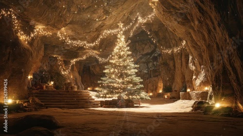 a very beautiful twinkling Christmas tree in a cave.  seamless looping time-lapse virtual 4k video Animation Background.	