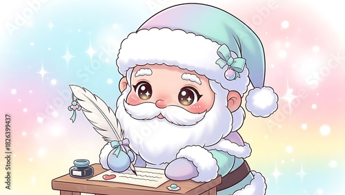 Cartoon santa writing with a feather quill at a desk with ink on a colorful background with sparkles