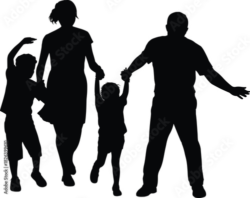 Happy family silhouette walking together holding hands, joyful parents with children, unity, bonding, love, outdoor lifestyle, parenting, togetherness, harmony