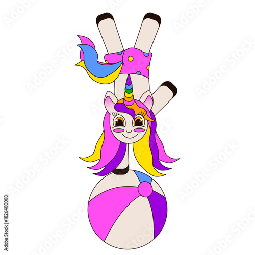 Funny vector Unicorn on the inflatable rubber ball. Vector illustration of flat Unicorn on striped beach ball isolated transparent background. Fun kid t-shirt print child room decor. EPS 10 Editable