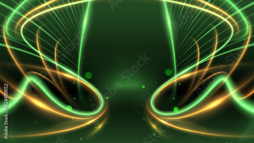 Green and gold light on dark scene with glow effect decoration and bokeh, Luxury background design concept for banner product presentation and award ceremony.