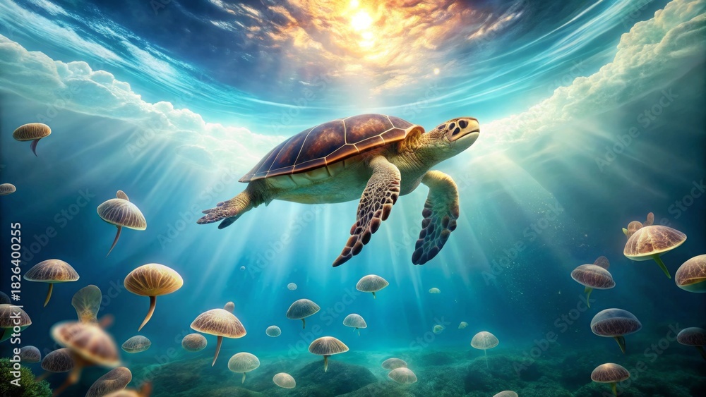 Obraz premium Majestic Sea Turtle Gracefully Navigates Sunlit Ocean Depths Amidst Bioluminescent Marine Life