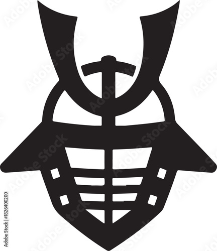 Minimal silhouette style vector samurai helmet armor logo design featuring bold black shapes, clean line art, traditional warrior aesthetics, strong cultural identity, modern branding icon ideal for m
