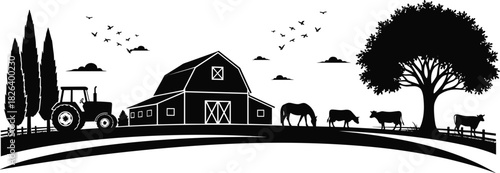 Rural farm landscape silhouette with barn, tractor, cows, horses, trees, birds, countryside scenery illustration, agriculture concept design for stock images