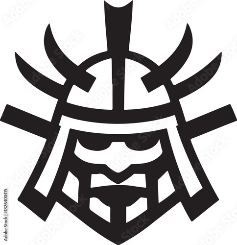 Minimal silhouette style vector samurai helmet armor logo design featuring bold black shapes, clean line art, traditional warrior aesthetics, strong cultural identity, modern branding icon ideal for m