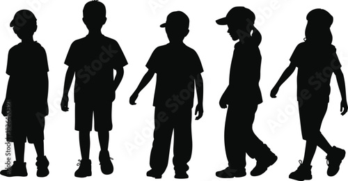 Silhouette group of children standing together in casual clothing, diverse kid poses, outdoor activity concept illustration, black isolated vector design