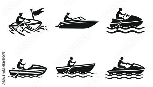 Boating vector icons set watercrafts and people riding boats