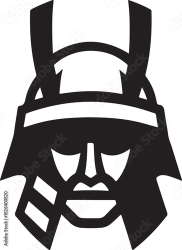 Minimal silhouette style vector samurai helmet armor logo design featuring bold black shapes, clean line art, traditional warrior aesthetics, strong cultural identity, modern branding icon ideal for m
