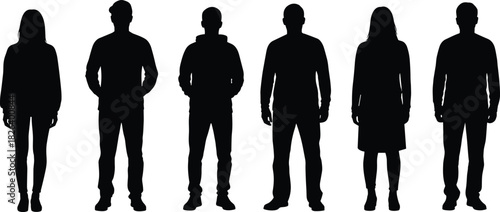 Silhouette group of diverse standing people isolated on white background, representing teamwork, community unity, individuality, modern workforce, minimal design concept