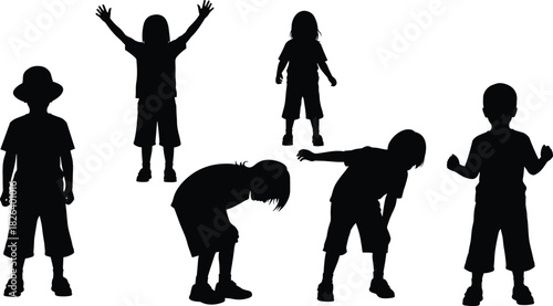 Silhouette group of playful children standing, jumping, and bending in various poses, representing childhood energy, outdoor activity, imagination, joy, and teamwork.