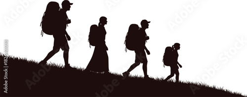 Silhouette hikers walking uphill with backpacks, outdoor trekking group on mountain slope, adventure travel illustration, nature exploration scene for stock images