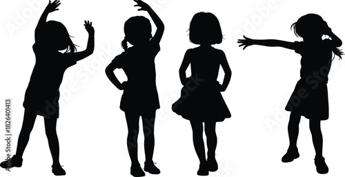 Silhouette of four young girls standing in different playful poses, expressing creativity, joy, movement, childhood energy, fun, imagination, and freedom outdoors.