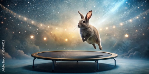 A whimsical bunny mid-air above a small trampoline against a cosmic backdrop of swirling nebulae and twinkling stars.