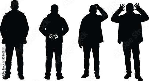 Silhouette of four men standing in various expressive poses with casual clothing, isolated on white background, representing emotion concept illustration