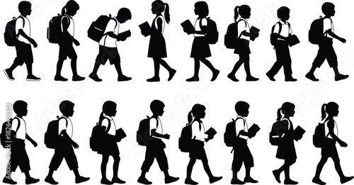 Silhouettes of school children walking with backpacks and books, education concept illustration for learning, studying, classroom, academic development, student lifestyle