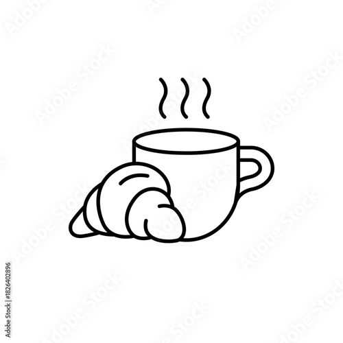 Coffee or tea and croissant icon set. Bread, pastry, crescent, food and drink breakfast or tea time concept. Vector illustration.