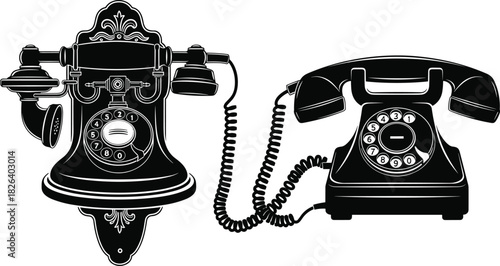 Vintage rotary dial telephones illustration showing classic wall-mounted and desktop designs, retro communication devices, antique phone artwork, nostalgic technology concept