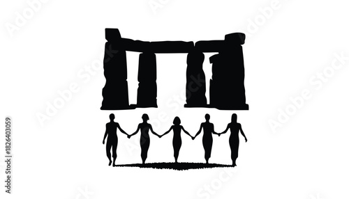 Stonehenge silhouette with people holding hands illustration