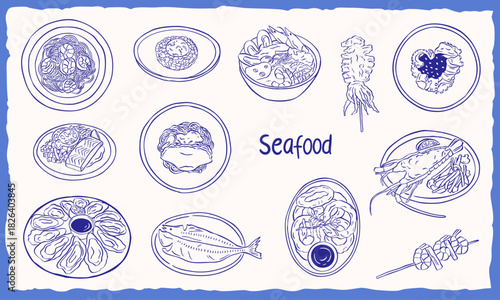 seafood disheh hand drawn sketch illustraion collection set