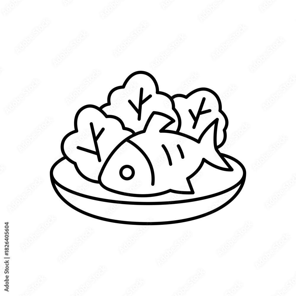 Fototapeta premium Lettuce salad on the plate with meat, fish, chicken drumsticks icon set. Healthy food icons. Healthy diet concept. Vector Illustration.
