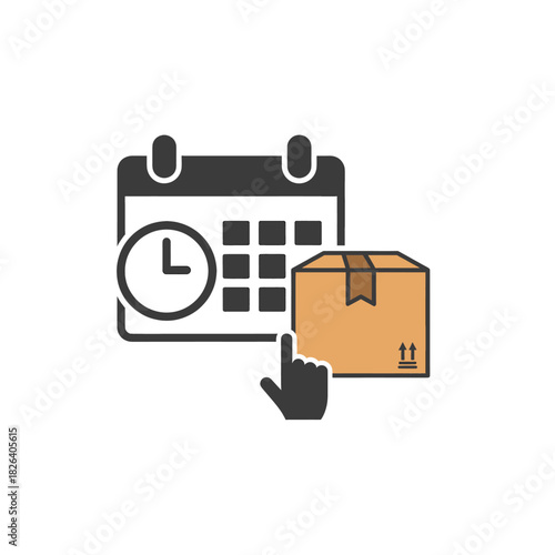 Delivery schedule concept Calendar with clock, finger clicking box and parcel, logistic planning