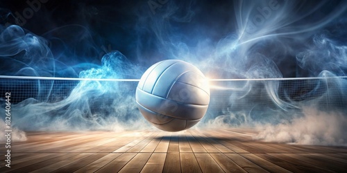 A dramatic indoor volleyball court scene with a ball suspended in smoky air, illuminated by a spotlight, showcasing the sport's intensity and energy.