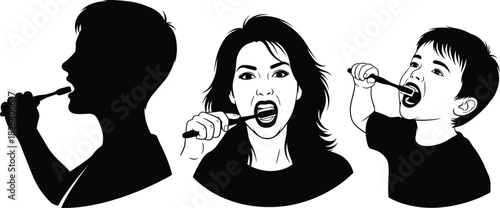 A triptych illustration showing a man, woman, and child brushing teeth, representing family dental health and hygiene routine