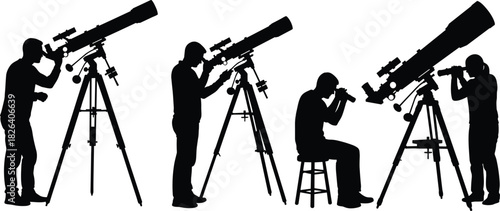 Astronomy observers icon set: diverse people looking through large telescopes, scientific research, discovery, education, and cosmic exploration