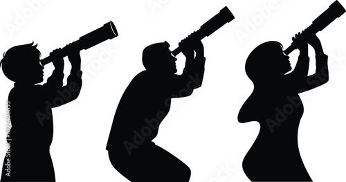 Black silhouette set of people, including a child, man, and woman, looking through a telescope or spyglass, representing vision, future goals, discovery, and exploring new opportunities Black silhouet